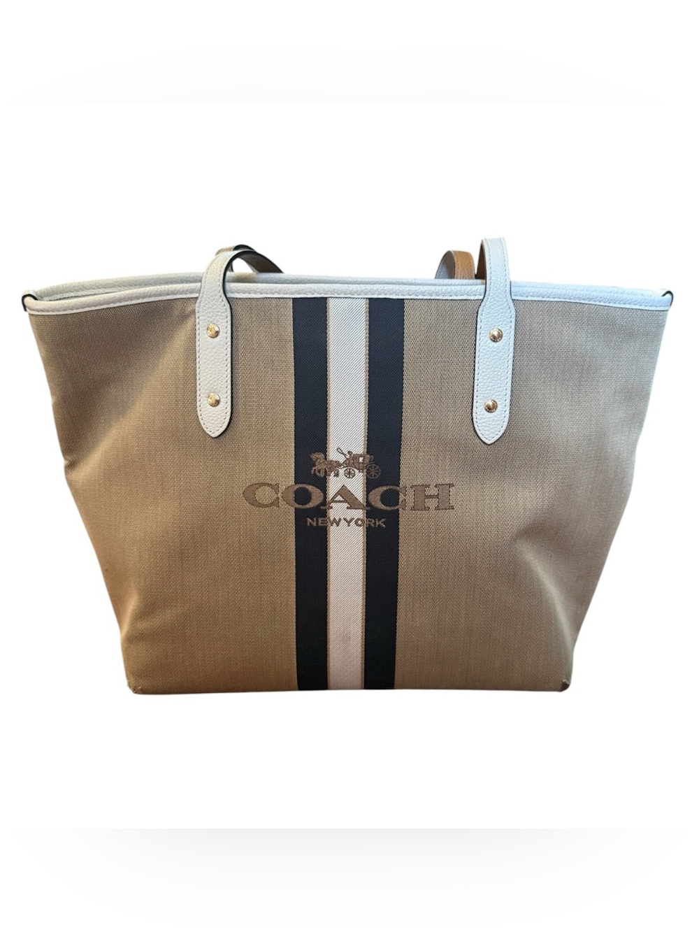 Coach Canvas Stripe Tote in Khaki and Black